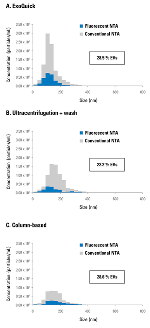 ExoGlow-NTA demonstrates that conventional NTA overestimates EV concentration in samples irrespective of EV isolation method.